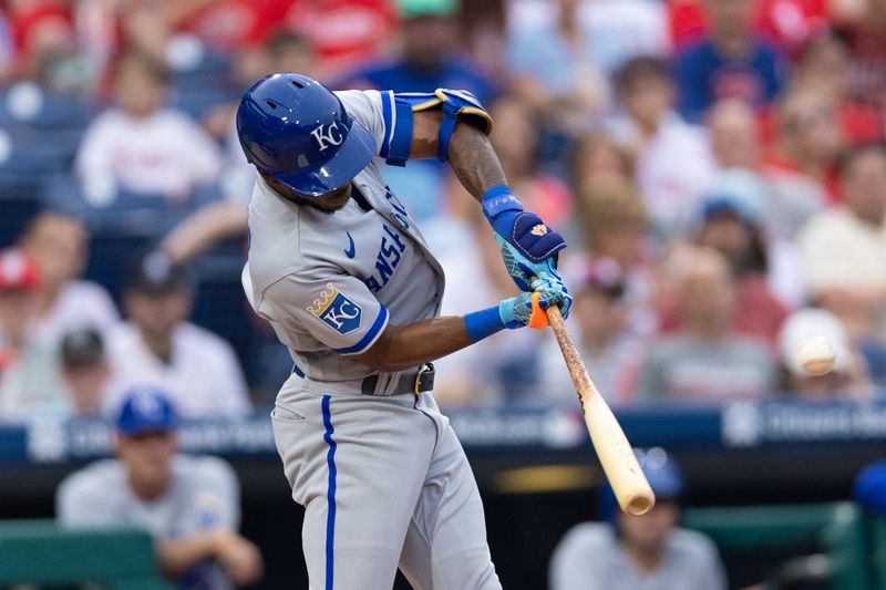 Aug 5, 2023; Philadelphia, Pennsylvania, USA; Kansas City Royals second baseman Samad Taylor (0) hits a triple during the fifth inning against the Philadelphia Phillies at Citizens Bank Park. Mandatory Credit: Bill Streicher-USA TODAY Sports