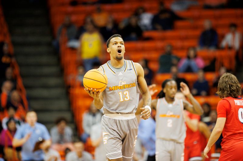 Feb 3, 2024; El Paso, Texas, USA; UTEP Miners forward Calvin Solomon (13) reacts after a call is called against him as the Miners face the Liberty University Flames in the second half at Don Haskins Center. Mandatory Credit: Ivan Pierre Aguirre-USA TODAY Sports