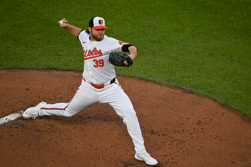 May 13, 2024; Baltimore, Maryland, USA;  Baltimore Orioles pitcher Corbin Burnes (39) throws a second inning pitch against the Toronto Blue Jays at Oriole Park at Camden Yards. Mandatory Credit: Tommy Gilligan-USA TODAY Sports