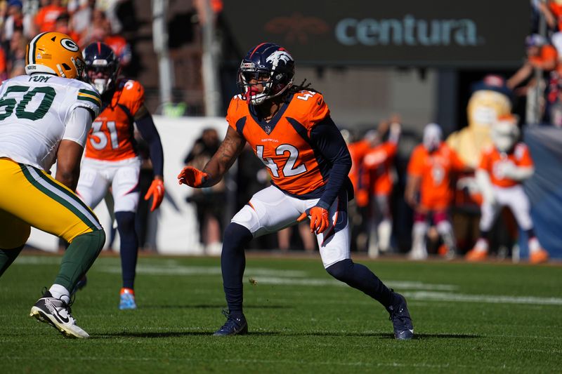 Denver Broncos linebacker Nik Bonitto (42) against the Green Bay Packers of an NFL football game Sunday October 22, 2023, in Denver. (AP Photo/Bart Young)