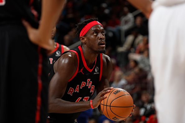 DETROIT, MI - DECEMBER 30: Pascal Siakam #43 of the Toronto Raptors shoots a free throw during the game against the Detroit Pistons on December 30, 2023 at Little Caesars Arena in Detroit, Michigan. NOTE TO USER: User expressly acknowledges and agrees that, by downloading and/or using this photograph, User is consenting to the terms and conditions of the Getty Images License Agreement. Mandatory Copyright Notice: Copyright 2023 NBAE (Photo by Brian Sevald/NBAE via Getty Images)