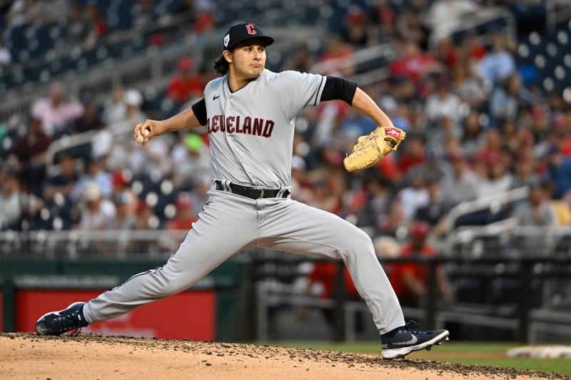 Apr 15, 2023; Washington, District of Columbia, USA; Cleveland Guardians relief pitcher Eli Morgan (49) throws to the Washington Nationals during the sixth inning at Nationals Park. Mandatory Credit: Brad Mills-USA TODAY Sports