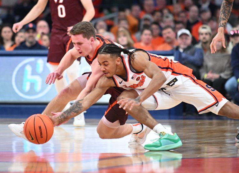 Feb 27, 2024; Syracuse, New York, USA; Syracuse Orange guard Judah Mintz (3) battles Virginia Tech Hokies guard Sean Pedulla for a loose ball in the first half at the JMA Wireless Dome. Mandatory Credit: Mark Konezny-USA TODAY Sports