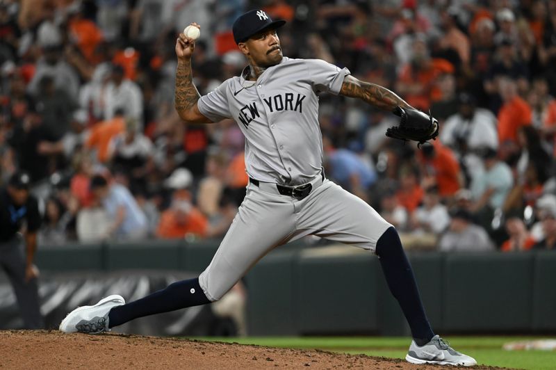 Apr 29, 2024; Baltimore, Maryland, USA;  New York Yankees pitcher Dennis Santana (53) throws as eighth inning pitch against the Baltimore Orioles at Oriole Park at Camden Yards. Mandatory Credit: Tommy Gilligan-USA TODAY Sports