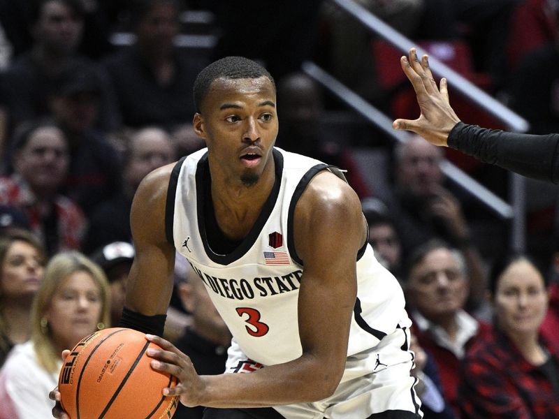 Jan 6, 2024; San Diego, California, USA; San Diego State Aztecs guard Micah Parrish (3) controls the ball during the first half against the UNLV Rebels at Viejas Arena. Mandatory Credit: Orlando Ramirez-USA TODAY Sports