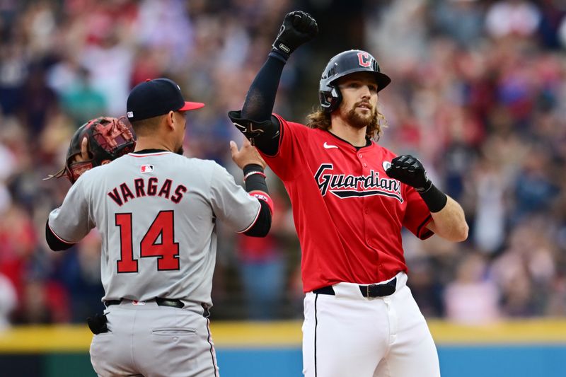 Jun 2, 2024; Cleveland, Ohio, USA; Cleveland Guardians second baseman Daniel Schneemann (10) celebrates after hitting an RBI double during the second inning against the Washington Nationals at Progressive Field. Mandatory Credit: Ken Blaze-USA TODAY Sports