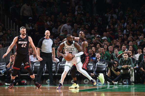 BOSTON, MA - OCTOBER 27: Jaylen Brown #7 of the Boston Celtics handles the ball during the game against the Miami Heat on October 27, 2023 at the TD Garden in Boston, Massachusetts. NOTE TO USER: User expressly acknowledges and agrees that, by downloading and or using this photograph, User is consenting to the terms and conditions of the Getty Images License Agreement. Mandatory Copyright Notice: Copyright 2023 NBAE  (Photo by Brian Babineau/NBAE via Getty Images)