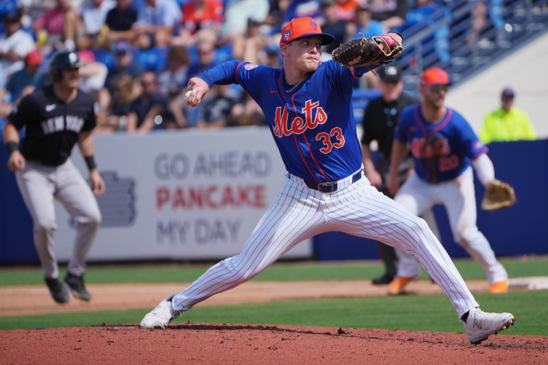 Mar 5, 2024; Port St. Lucie, Florida, USA;  New York Mets relief pitcher Drew Smith (33) pitches in the fourth inning against the New York Yankees at Clover Park. Mandatory Credit: Jim Rassol-USA TODAY Sports