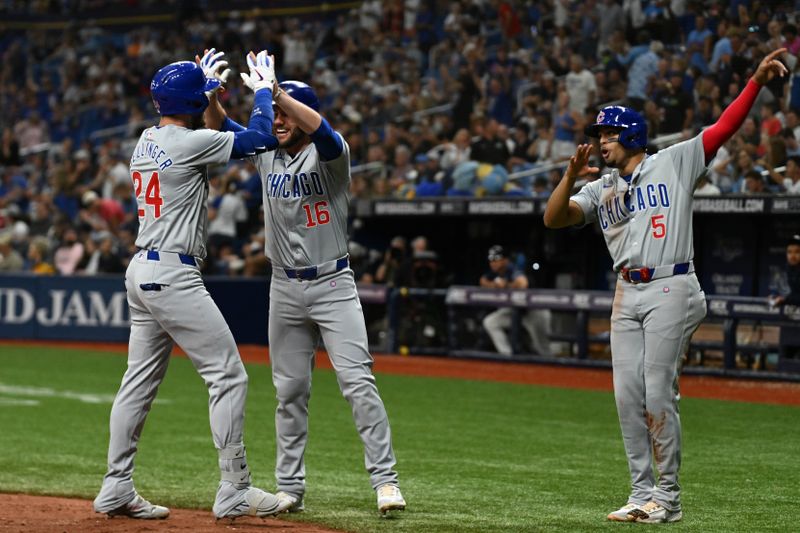 Jun 12, 2024; St. Petersburg, Florida, USA; Chicago Cubs right fielder Cody Bellinger (24) celebrates with pinch hitter Patrick Wisdom (16) and third baseman Christopher Morel (5) three run home run in the seventh inning against the Tampa Bay Rays at Tropicana Field. Mandatory Credit: Jonathan Dyer-USA TODAY Sports