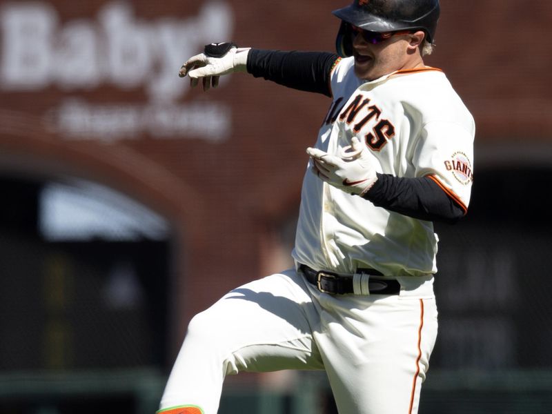 Jul 30, 2023; San Francisco, California, USA; San Francisco Giants left fielder Joc Pederson (23) celebrates his game-winning single against the Boston Red Sox during the 11th inning at Oracle Park. Mandatory Credit: D. Ross Cameron-USA TODAY Sports