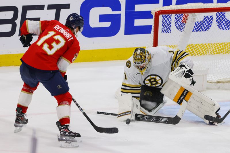 May 14, 2024; Sunrise, Florida, USA; Boston Bruins goaltender Jeremy Swayman (1) makes a save against Florida Panthers center Sam Reinhart (13) during the third period in game five of the second round of the 2024 Stanley Cup Playoffs at Amerant Bank Arena. Mandatory Credit: Sam Navarro-USA TODAY Sports