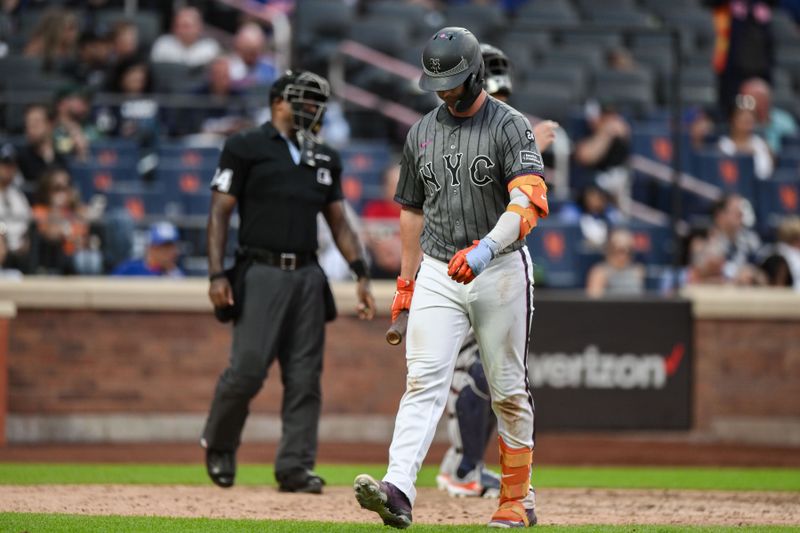 Jun 29, 2024; New York City, New York, USA; New York Mets first baseman Pete Alonso (20) reacts after striking out against the Houston Astros during the ninth inning at Citi Field. Mandatory Credit: John Jones-USA TODAY Sports