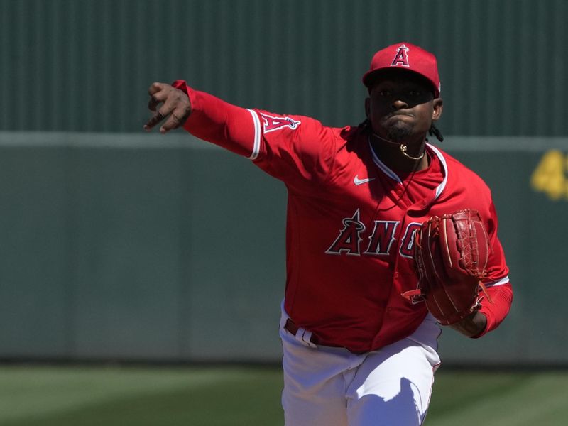 Mar 22, 2024; Tempe, Arizona, USA; Los Angeles Angels relief pitcher Jose Soriano (59) throws against the Chicago White Sox in the first inning at Tempe Diablo Stadium. Mandatory Credit: Rick Scuteri-USA TODAY Sports