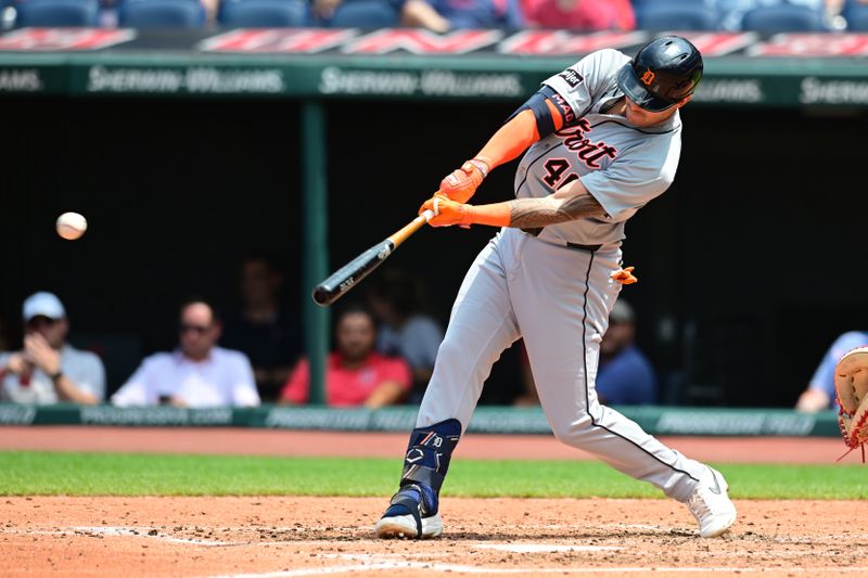 Jul 25, 2024; Cleveland, Ohio, USA; Detroit Tigers first baseman Bligh Madris (40) hits a single during the fourth inning against the Cleveland Guardians at Progressive Field. Mandatory Credit: Ken Blaze-USA TODAY Sports