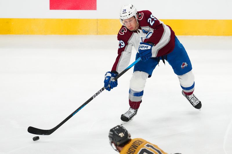 Apr 14, 2024; Las Vegas, Nevada, USA; Colorado Avalanche center Nathan MacKinnon (29) skates against the Vegas Golden Knights during the third period at T-Mobile Arena. Mandatory Credit: Stephen R. Sylvanie-USA TODAY Sports