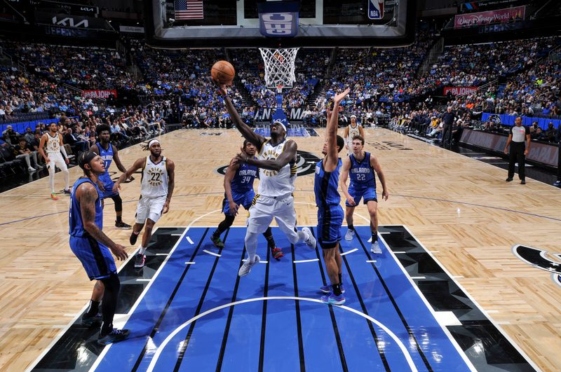 ORLANDO, FL - MARCH 10: Pascal Siakam #43 of the Indiana Pacers goes to the basket during the game on March 10, 2024 at Amway Center in Orlando, Florida. NOTE TO USER: User expressly acknowledges and agrees that, by downloading and or using this photograph, User is consenting to the terms and conditions of the Getty Images License Agreement. Mandatory Copyright Notice: Copyright 2024 NBAE (Photo by Fernando Medina/NBAE via Getty Images)