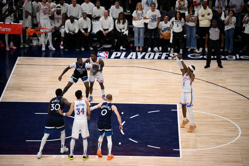 MINNEAPOLIS, MN -  MAY 25:  Shai Gilgeous-Alexander #2 of the Oklahoma City Thunder shoots a free throw during the game against the Minnesota Timberwolves during Game Four of the Western Conference Finals on May 25, 2025 at Target Center in Minneapolis, Minnesota. NOTE TO USER: User expressly acknowledges and agrees that, by downloading and or using this Photograph, user is consenting to the terms and conditions of the Getty Images License Agreement. Mandatory Copyright Notice: Copyright 2025 NBAE (Photo by David Dow/NBAE via Getty Images)