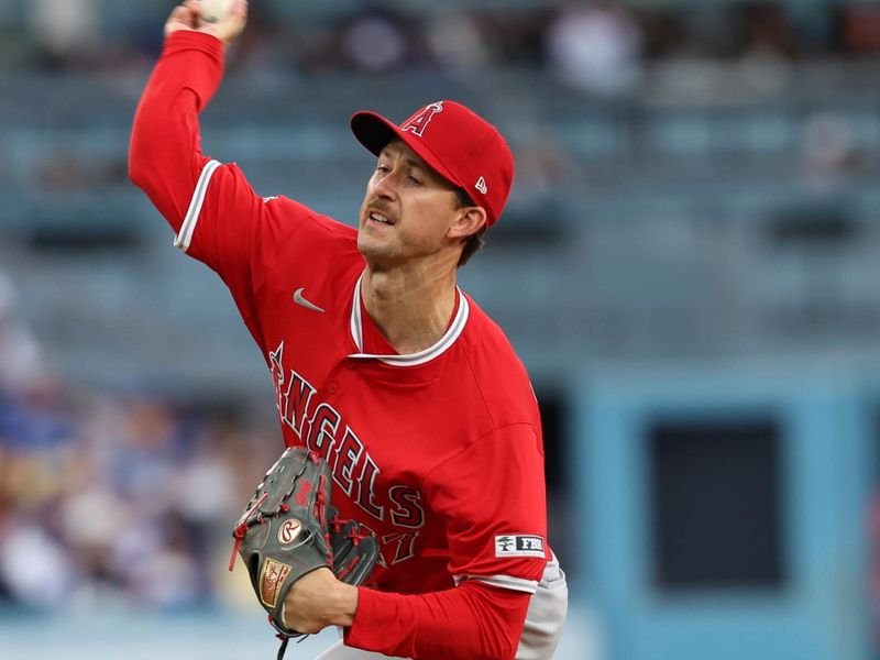 Mar 24, 2024; Los Angeles, California, USA;  Los Angeles Angels starting pitcher Griffin Canning (47) pitches during the fifth inning against the Los Angeles Dodgers at Dodger Stadium. Mandatory Credit: Kiyoshi Mio-USA TODAY Sports