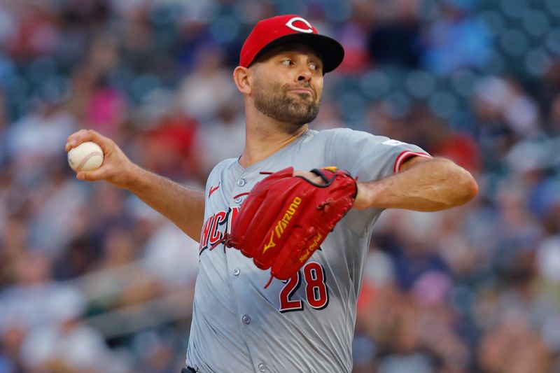 Sep 14, 2024; Minneapolis, Minnesota, USA; Cincinnati Reds starting pitcher Nick Martinez (28) throws against the Minnesota Twins in the second inning at Target Field. Mandatory Credit: Bruce Kluckhohn-Imagn Images