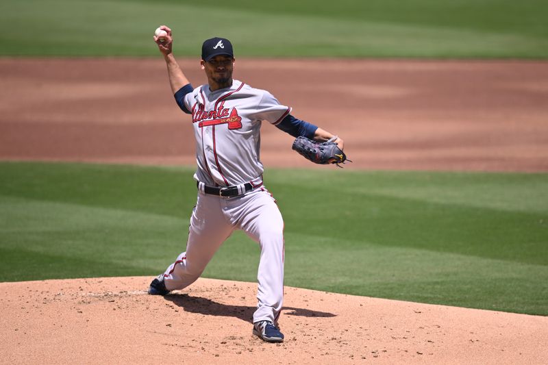 Apr 19, 2023; San Diego, California, USA; Atlanta Braves starting pitcher Charlie Morton (50) throws a pitch against the San Diego Padres during the first inning at Petco Park. Mandatory Credit: Orlando Ramirez-USA TODAY Sports