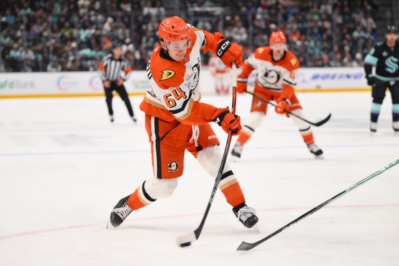 Nov 27, 2024; Seattle, Washington, USA; Anaheim Ducks right wing Sam Colangelo (64) shoots the puck during the second period against the Seattle Kraken at Climate Pledge Arena. Mandatory Credit: Steven Bisig-Imagn Images