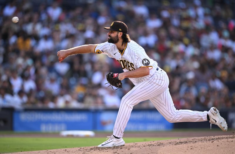 Jun 24, 2023; San Diego, California, USA; San Diego Padres starting pitcher Matt Waldron (61) throws a pitch against the Washington Nationals during the second inning at Petco Park. Mandatory Credit: Orlando Ramirez-USA TODAY Sports