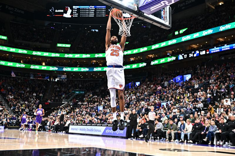 SALT LAKE CITY, UT - NOVEMBER 23: Mikal Bridges #25 of the New York Knicks dunks the ball during the game against the Utah Jazz on November 23, 2024 at Delta Center in Salt Lake City, Utah. NOTE TO USER: User expressly acknowledges and agrees that, by downloading and or using this Photograph, User is consenting to the terms and conditions of the Getty Images License Agreement. Mandatory Copyright Notice: Copyright 2024 NBAE (Photo by Jamie Sabau/NBAE via Getty Images)