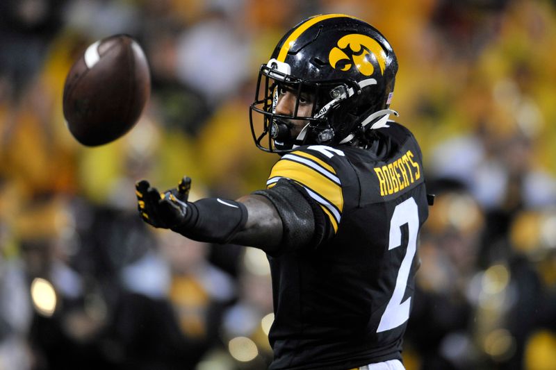 Sep 17, 2022; Iowa City, Iowa, USA; Iowa Hawkeyes defensive back Terry Roberts (2) reacts after downing a punt near the goal line against the Nevada Wolf Pack during the second quarter at Kinnick Stadium. Mandatory Credit: Jeffrey Becker-USA TODAY Sports