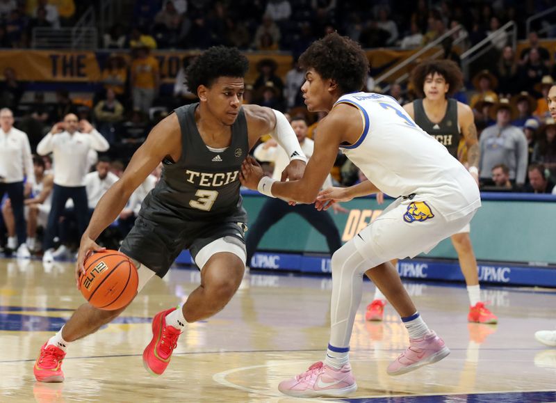 Feb 25, 2025; Pittsburgh, Pennsylvania, USA;  Georgia Tech Yellow Jackets guard Jaeden Mustaf (3) dribbles against Pittsburgh Panthers guard Brandin Cummings (right) during the second half at the Petersen Events Center. Mandatory Credit: Charles LeClaire-Imagn Images