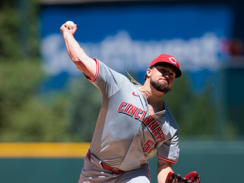 Jun 5, 2024; Denver, Colorado, USA; Cincinnati Reds starting pitcher Graham Ashcraft (51) delivers a pitch against the Colorado Rockies during the first inning at Coors Field. Mandatory Credit: Andrew Wevers-USA TODAY Sports