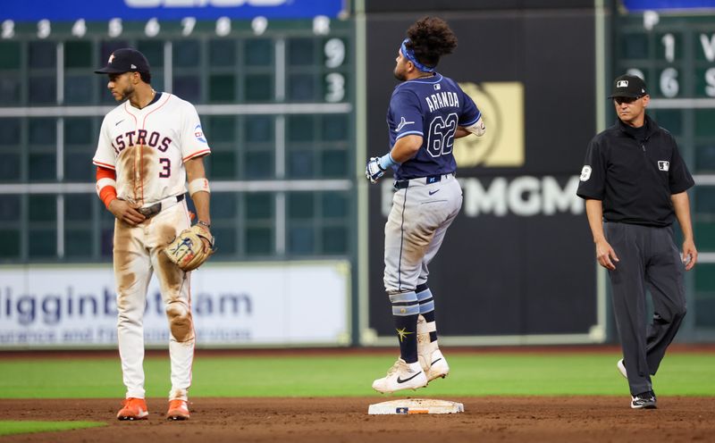May 29, 2025; Houston, Texas, USA; Tampa Bay Rays first baseman Jonathan Aranda (62) reacts to reaching second base on a Houston Astros error in the seventh inning at Daikin Park. Mandatory Credit: Thomas Shea-Imagn Images