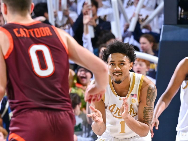 Feb 10, 2024; South Bend, Indiana, USA; Notre Dame Fighting Irish guard Julian Roper II (1) gets ready on defense in the second half against the Virginia Tech Hokies at the Purcell Pavilion. Mandatory Credit: Matt Cashore-USA TODAY Sports