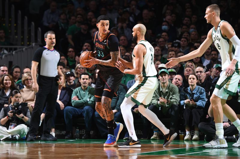 BOSTON, MA - FEBRUARY 9: Kyle Kuzma #33 of the Washington Wizards handles the ball during the game against the Boston Celtics on February 9, 2024 at the TD Garden in Boston, Massachusetts. NOTE TO USER: User expressly acknowledges and agrees that, by downloading and or using this photograph, User is consenting to the terms and conditions of the Getty Images License Agreement. Mandatory Copyright Notice: Copyright 2024 NBAE  (Photo by Brian Babineau/NBAE via Getty Images)