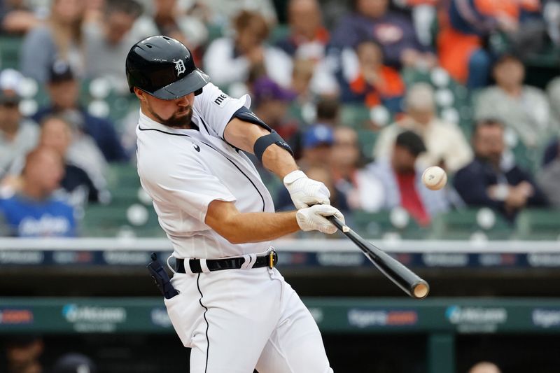 Sep 28, 2023; Detroit, Michigan, USA; Detroit Tigers second baseman Andre Lipcius (27) hits a single in the fifth inning against the Kansas City Royals at Comerica Park. Mandatory Credit: Rick Osentoski-USA TODAY Sports