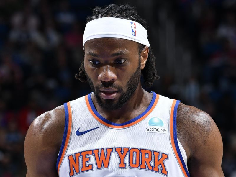 ORLANDO, FL - FEBRUARY 14: Precious Achiuwa #5 of the New York Knicks looks on during the game against the Orlando Magic on February 14, 2024 at the Kia Center in Orlando, Florida. NOTE TO USER: User expressly acknowledges and agrees that, by downloading and or using this photograph, User is consenting to the terms and conditions of the Getty Images License Agreement. Mandatory Copyright Notice: Copyright 2024 NBAE (Photo by Fernando Medina/NBAE via Getty Images)