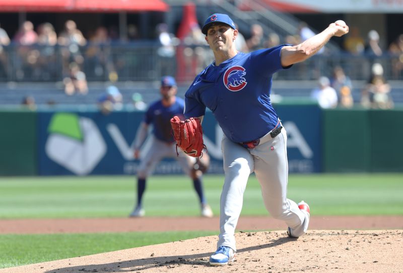 Sep 17, 2025; Pittsburgh, Pennsylvania, USA;  Chicago Cubs starting pitcher Matthew Boyd (16) delivers a pitch against the Pittsburgh Pirates during the first inning at PNC Park. Mandatory Credit: Charles LeClaire-Imagn Images