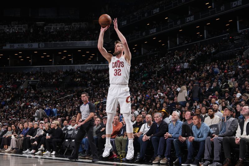 BROOKLYN, NY - FEBRUARY 8: Dean Wade #32 of the Cleveland Cavaliers shoots the ball during the game against the Brooklyn Nets on February 8, 2024 at Barclays Center in Brooklyn, New York. NOTE TO USER: User expressly acknowledges and agrees that, by downloading and or using this Photograph, user is consenting to the terms and conditions of the Getty Images License Agreement. Mandatory Copyright Notice: Copyright 2024 NBAE (Photo by Jesse D. Garrabrant/NBAE via Getty Images)