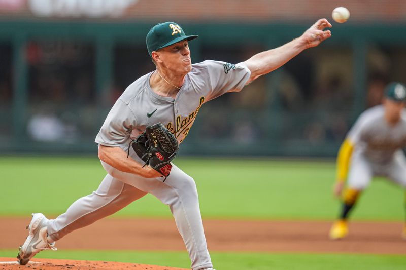 May 31, 2024; Cumberland, Georgia, USA; Oakland Athletics starting pitcher JP Sears (38) pitches against the Atlanta Braves during the first inning at Truist Park. Mandatory Credit: Dale Zanine-USA TODAY Sports