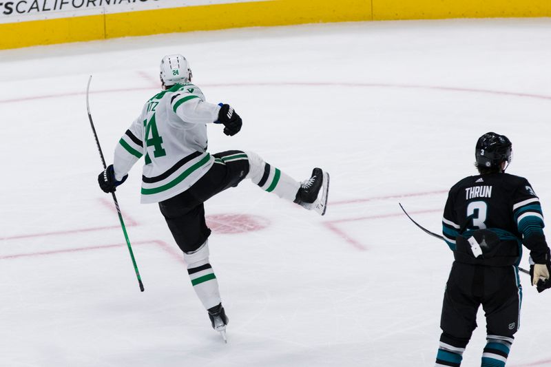 Mar 5, 2024; San Jose, California, USA; Dallas Stars left wing Jamie Benn (14) reacts after scoring the winning goal against the San Jose Sharks during the first overtime period at SAP Center at San Jose. Mandatory Credit: John Hefti-USA TODAY Sports