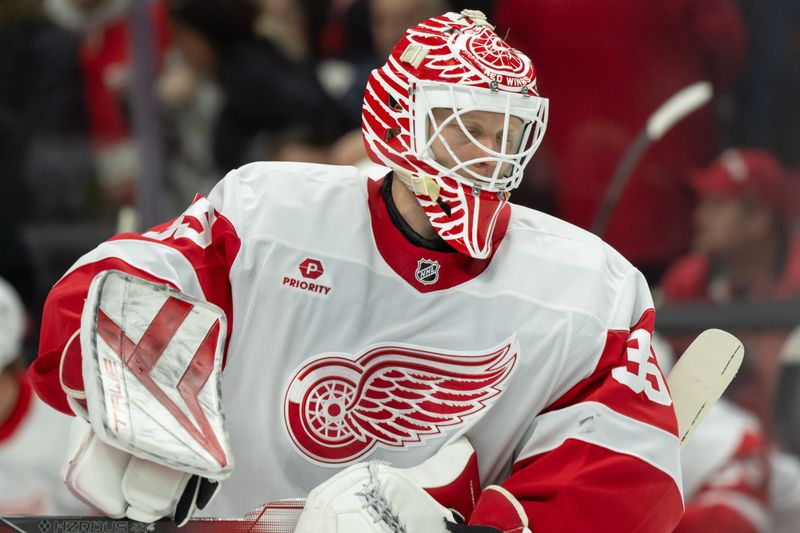 Dec 5, 2024; Ottawa, Ontario, CAN;  Detroit Red Wings goalie Ville Husso (35) skates in the second period against the Ottawa Senators at the Canadian Tire Centre. Mandatory Credit: Marc DesRosiers-Imagn Images