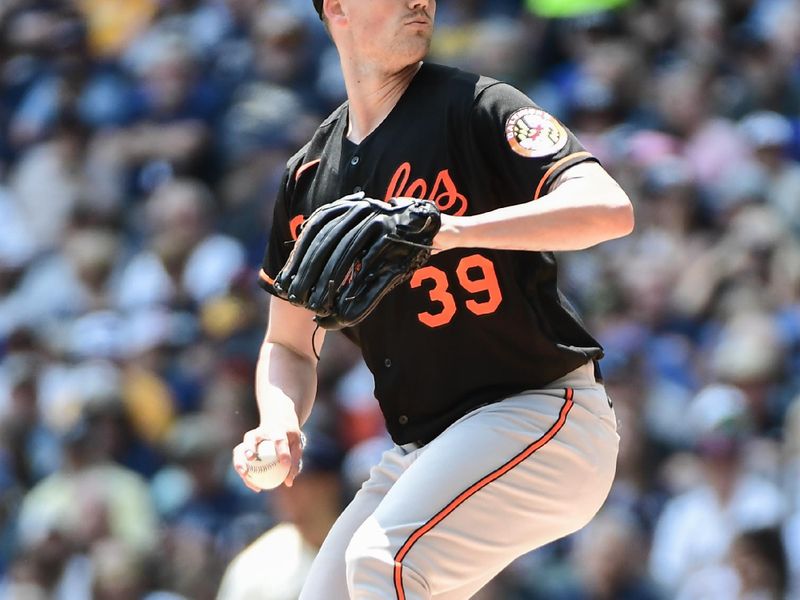 Jun 8, 2023; Milwaukee, Wisconsin, USA; Baltimore Orioles pitcher Kyle Bradish (39) pitches against the Milwaukee Brewers in the first inning at American Family Field. Mandatory Credit: Benny Sieu-USA TODAY Sports