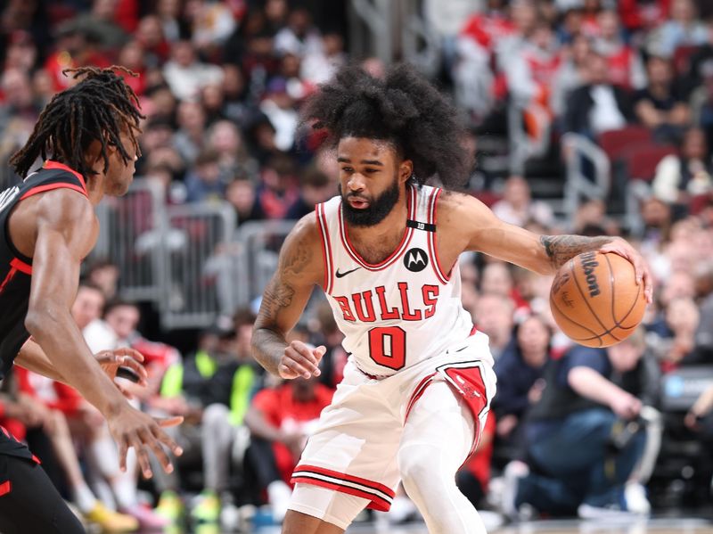 CHICAGO, IL - FEBRUARY 28:  Coby White #0 of the Chicago Bulls dribbles the ball during the game against the Toronto Raptors on February 28, 2025 at United Center in Chicago, Illinois. NOTE TO USER: User expressly acknowledges and agrees that, by downloading and or using this photograph, User is consenting to the terms and conditions of the Getty Images License Agreement. Mandatory Copyright Notice: Copyright 2025 NBAE (Photo by Jeff Haynes/NBAE via Getty Images)