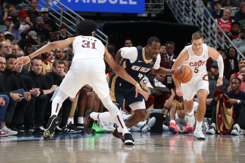 NEW ORLEANS, LA - NOVEMBER 6: Javonte Green #4 of the New Orleans Pelicans drives to the basket during the game against the Cleveland Cavaliers on November 6, 2024 at the Smoothie King Center in New Orleans, Louisiana. NOTE TO USER: User expressly acknowledges and agrees that, by downloading and or using this Photograph, user is consenting to the terms and conditions of the Getty Images License Agreement. Mandatory Copyright Notice: Copyright 2024 NBAE (Photo by Layne Murdoch Jr./NBAE via Getty Images)