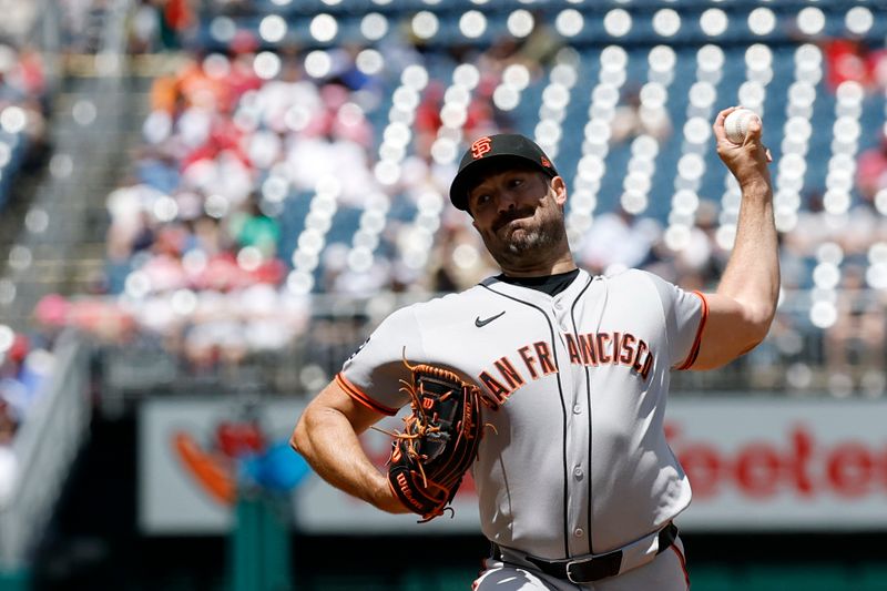 May 25, 2025; Washington, District of Columbia, USA; San Francisco Giants starting pitcher Robbie Ray (38) pitches against the Washington Nationals during the second inning at Nationals Park. Mandatory Credit: Geoff Burke-Imagn Images