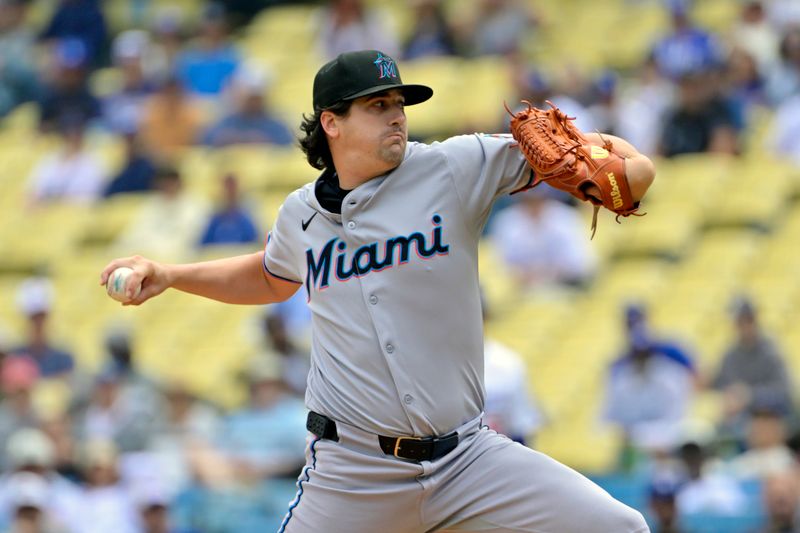 Apr 30, 2025; Los Angeles, California, USA; Miami Marlins starting pitcher Cal Quantrill (47) pitches against the Los Angeles Dodgers during the first inning at Dodger Stadium. Mandatory Credit: Jayne Kamin-Oncea-Imagn Images