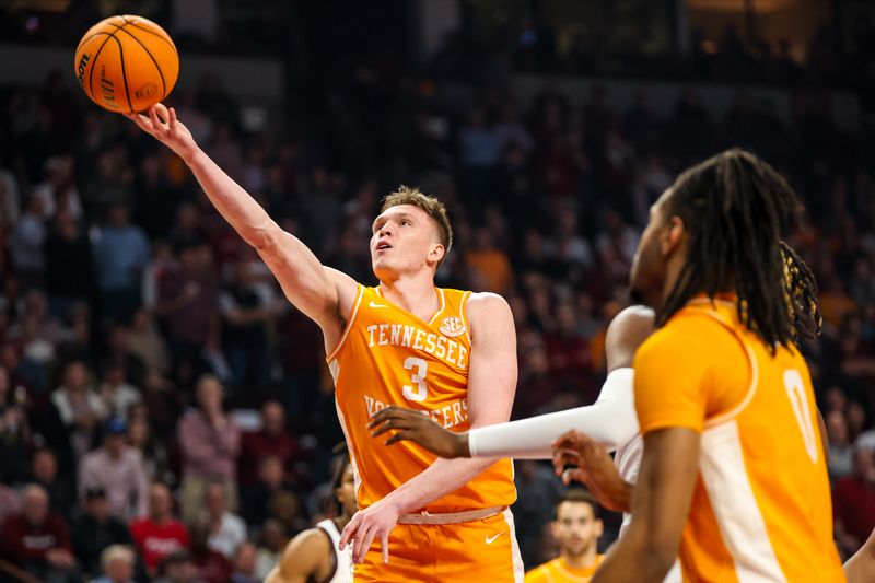 Mar 6, 2024; Columbia, South Carolina, USA; Tennessee Volunteers guard Dalton Knecht (3) drives against the South Carolina Gamecocks in the first half at Colonial Life Arena. Mandatory Credit: Jeff Blake-USA TODAY Sports