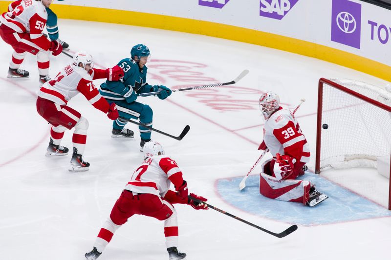 Nov 2, 2025; San Jose, California, USA;  San Jose Sharks left wing Jeff Skinner (53) shoots and scores against Detroit Red Wings goaltender Cam Talbot (39) during the third period at SAP Center at San Jose. Mandatory Credit: John Hefti-Imagn Images