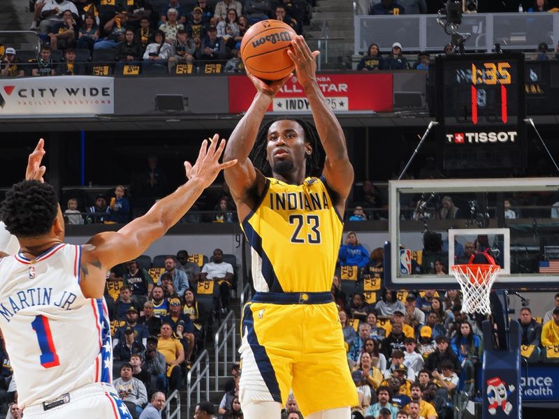 INDIANAPOLIS, IN - OCTOBER 27: Aaron Nesmith #23 of the Indiana Pacers three point basket during the game against the Philadelphia 76ers on October 27, 2024 at Gainbridge Fieldhouse in Indianapolis, Indiana. NOTE TO USER: User expressly acknowledges and agrees that, by downloading and or using this Photograph, user is consenting to the terms and conditions of the Getty Images License Agreement. Mandatory Copyright Notice: Copyright 2024 NBAE (Photo by Ron Hoskins/NBAE via Getty Images)