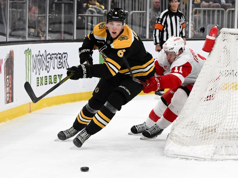 Dec 3, 2024; Boston, Massachusetts, USA; Boston Bruins defenseman Mason Lohrei (6) and Detroit Red Wings right wing Vladimir Tarasenko (11) battle for the puck behind the net during the second period at the TD Garden. Mandatory Credit: Brian Fluharty-Imagn Images