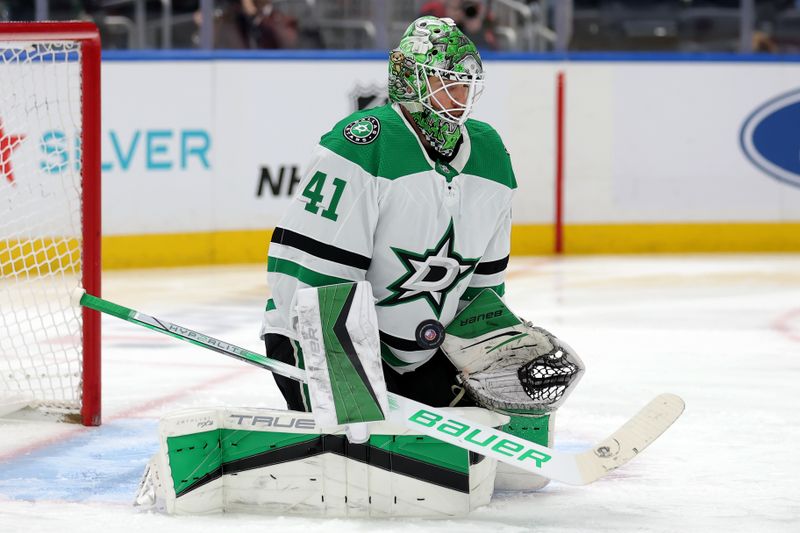 Jan 21, 2024; Elmont, New York, USA; Dallas Stars goaltender Scott Wedgewood (41) makes a save against the New York Islanders during the second period at UBS Arena. Mandatory Credit: Brad Penner-USA TODAY Sports